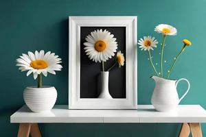 mínimo branco cenário quadro, Armação tela de pintura exibição com flor dentro vaso foto