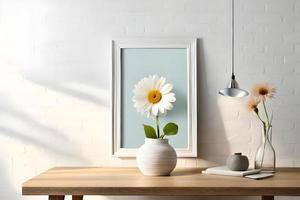 mínimo branco cenário quadro, Armação tela de pintura exibição com flor dentro vaso foto