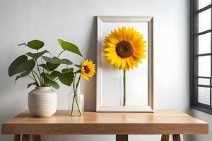 mínimo branco cenário quadro, Armação tela de pintura exibição com flor dentro vaso foto