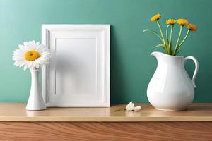 mínimo branco cenário quadro, Armação tela de pintura exibição com flor dentro vaso foto