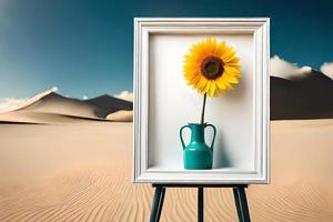 mínimo branco cenário quadro, Armação tela de pintura exibição com flor dentro vaso foto