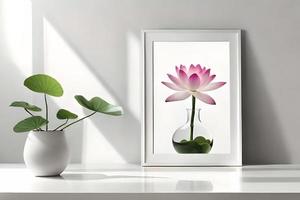 mínimo branco cenário quadro, Armação tela de pintura exibição com flor dentro vaso foto