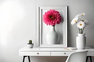 mínimo branco cenário quadro, Armação tela de pintura exibição com flor dentro vaso foto