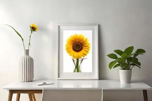 mínimo branco cenário quadro, Armação tela de pintura exibição com flor dentro vaso foto