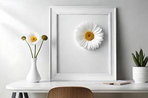 mínimo branco cenário quadro, Armação tela de pintura exibição com flor dentro vaso foto