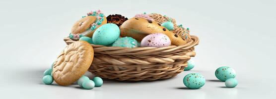 a Páscoa cesta com colorida ovos e uma poucos doce, dentro a estilo do minimalista fundos, Coelho com ovos com uma caixa, dentro a estilo do suave cor Misturando, ilustração generativo ai foto