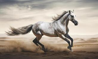 branco cavalo galopando dentro a deserto. ilustração ai generativo foto