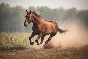 Castanho cavalo galopando dentro a campo. ilustração ai generativo foto