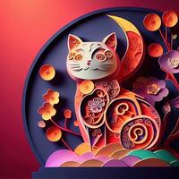 generativo ai ilustração do papel cortar dobrando multi dimensional chinês estilo fofa zodíaco gatinha gato com lanternas dentro fundo, pop cor, chinês Novo ano conceito. foto