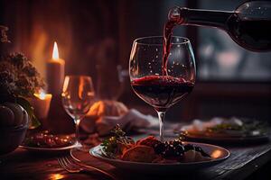 generativo ai ilustração do vermelho vinho é ser derramado a partir de garrafa para dentro simples vinho vidro, em uma mesa com incrível Comida foto