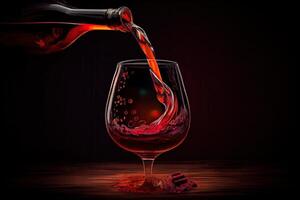 generativo ai ilustração do vermelho vinho é ser derramado a partir de garrafa para dentro simples vinho vidro, em uma mesa com incrível Comida foto