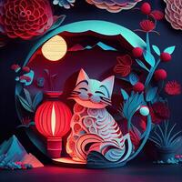 generativo ai ilustração do papel cortar dobrando multi dimensional chinês estilo fofa zodíaco gatinha gato com lanternas dentro fundo, pop cor, chinês Novo ano conceito. foto