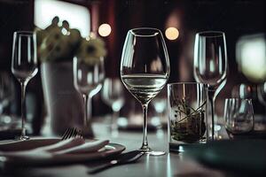 generativo ai ilustração do uma restaurante mesa com uma vidro do branco vinho, suave dourado luz, caro restaurante com lindo luzes dentro a fundo foto