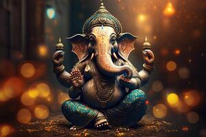 generativo ai ilustração do ganesha hindu Deus , com flores, óleo pintura ocupado acima para dentro paraíso, sentado dentro frente do bokeh mandala fundo foto