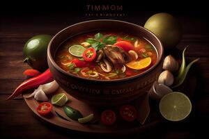 generativo ai ilustração do apetitoso tigela do tom yum sopa, picante tailandês sopa com camarão, frutos do mar, coco leite e Pimenta Pimenta dentro tigela cópia de espaço foto