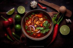 generativo ai ilustração do apetitoso tigela do tom yum sopa, picante tailandês sopa com camarão, frutos do mar, coco leite e Pimenta Pimenta dentro tigela cópia de espaço foto