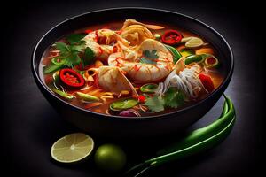 generativo ai ilustração do apetitoso tigela do tom yum sopa, picante tailandês sopa com camarão, frutos do mar, coco leite e Pimenta Pimenta dentro tigela cópia de espaço foto