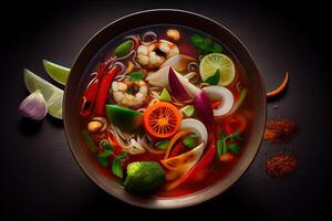 generativo ai ilustração do apetitoso tigela do tom yum sopa, picante tailandês sopa com camarão, frutos do mar, coco leite e Pimenta Pimenta dentro tigela cópia de espaço foto