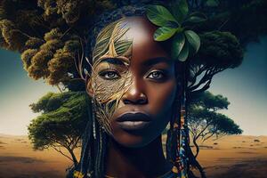 generativo ai ilustração do africano natureza, água, terra, plantas, grama, árvores, intenso olhar, lindo foto