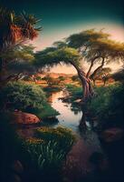generativo ai ilustração do africano natureza, água, terra, plantas, grama, árvores, intenso olhar, lindo foto