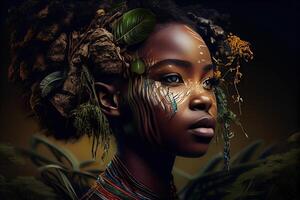 generativo ai ilustração do africano natureza, água, terra, plantas, grama, árvores, intenso olhar, lindo foto