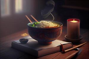 generativo ai ilustração do a a maioria delicioso japonês ramen, soja molho ramen dentro carne de porco osso caldo foto