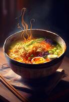 generativo ai ilustração do a a maioria delicioso japonês ramen, soja molho ramen dentro carne de porco osso caldo foto