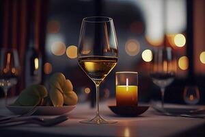 generativo ai ilustração do uma restaurante mesa com uma vidro do branco vinho, suave dourado luz, caro restaurante com lindo luzes dentro a fundo foto