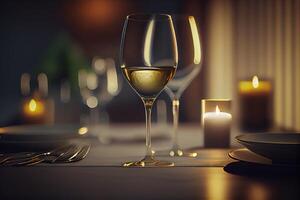 generativo ai ilustração do uma restaurante mesa com uma vidro do branco vinho, suave dourado luz, caro restaurante com lindo luzes dentro a fundo foto