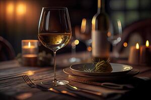 generativo ai ilustração do uma restaurante mesa com uma vidro do branco vinho, suave dourado luz, caro restaurante com lindo luzes dentro a fundo foto