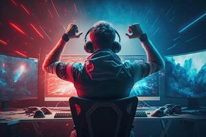 generativo ai ilustração do profissional esports jogador regozija-se dentro a vitória dentro cyber jogos sala. jogador a comemorar vitória. ganhando uma jogo. eletrônico Esportes jogador regozija-se vitória foto