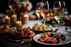 generativo ai ilustração do servindo mesa do uma variedade do delicioso festivo Comida e vinho preparado para evento festa ou casamento. seletivo foco foto