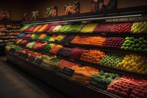 generativo ai ilustração do fresco e colorida, fruta e vegetal seção do a supermercado foto
