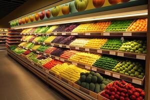 generativo ai ilustração do fresco e colorida, fruta e vegetal seção do a supermercado foto