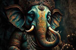 generativo ai ilustração do ganesha hindu Deus , com flores, óleo pintura ocupado acima para dentro paraíso, sentado dentro frente do bokeh mandala fundo foto