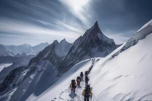 generativo ai ilustração do grupo do alpinistas. múltiplo Alto alpino alpinistas dentro frente do uma gigantesco montanha foto