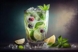 generativo ai ilustração do Mojito coquetel com gelo e hortelã, perfeito para verão foto