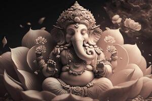 generativo ai ilustração do ganesha hindu Deus , com flores, óleo pintura ocupado acima para dentro paraíso, sentado dentro frente do bokeh mandala fundo foto