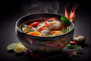 generativo ai ilustração do apetitoso tigela do tom yum sopa, picante tailandês sopa com camarão, frutos do mar, coco leite e Pimenta Pimenta dentro tigela cópia de espaço foto