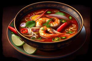 generativo ai ilustração do apetitoso tigela do tom yum sopa, picante tailandês sopa com camarão, frutos do mar, coco leite e Pimenta Pimenta dentro tigela cópia de espaço foto