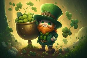 generativo ai ilustração do caprichoso irlandês desenho animado, sharock, cerveja, verde, Panela do ouro, feliz st patrick dia, dobrando papel cortar arte foto