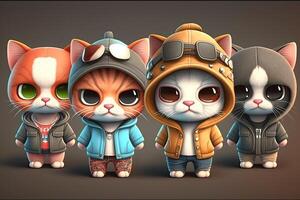 generativo ai ilustração do 3d sombreado grupo do chibi gato com Largo cabeça e fofa face dentro roupas retrato foto