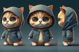 generativo ai ilustração do 3d sombreado grupo do chibi gato com Largo cabeça e fofa face dentro roupas retrato foto