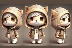 generativo ai ilustração do 3d sombreado grupo do chibi gato com Largo cabeça e fofa face dentro roupas retrato foto