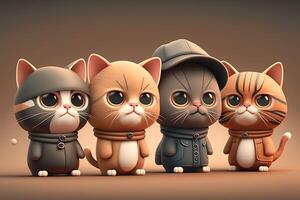 generativo ai ilustração do 3d sombreado grupo do chibi gato com Largo cabeça e fofa face dentro roupas retrato foto