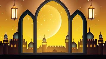 islâmico fundo com lanterna, lua, e mesquita a partir de uma janela dentro a noite. ai gerado foto