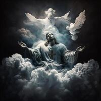 ilustração do Jesus Rezar cercado de pombas em uma nuvem, generativo ai foto