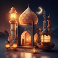 uma noite dentro Ramadã., ai uma colorida mesquita e uma lanterna com uma brilhando tarde luz 3d ilustração, ai generativo foto