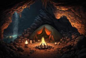 barraca acampamento dentro caverna com fogueira. generativo ai foto
