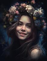 uma lindo menina vestindo flor coroa generativo ai foto